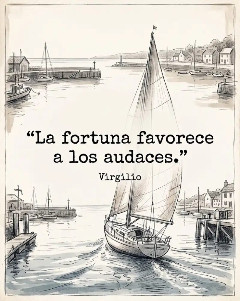 La fortuna favorece a los audaces, de Virgilio, con un velero saliendo del puerto
