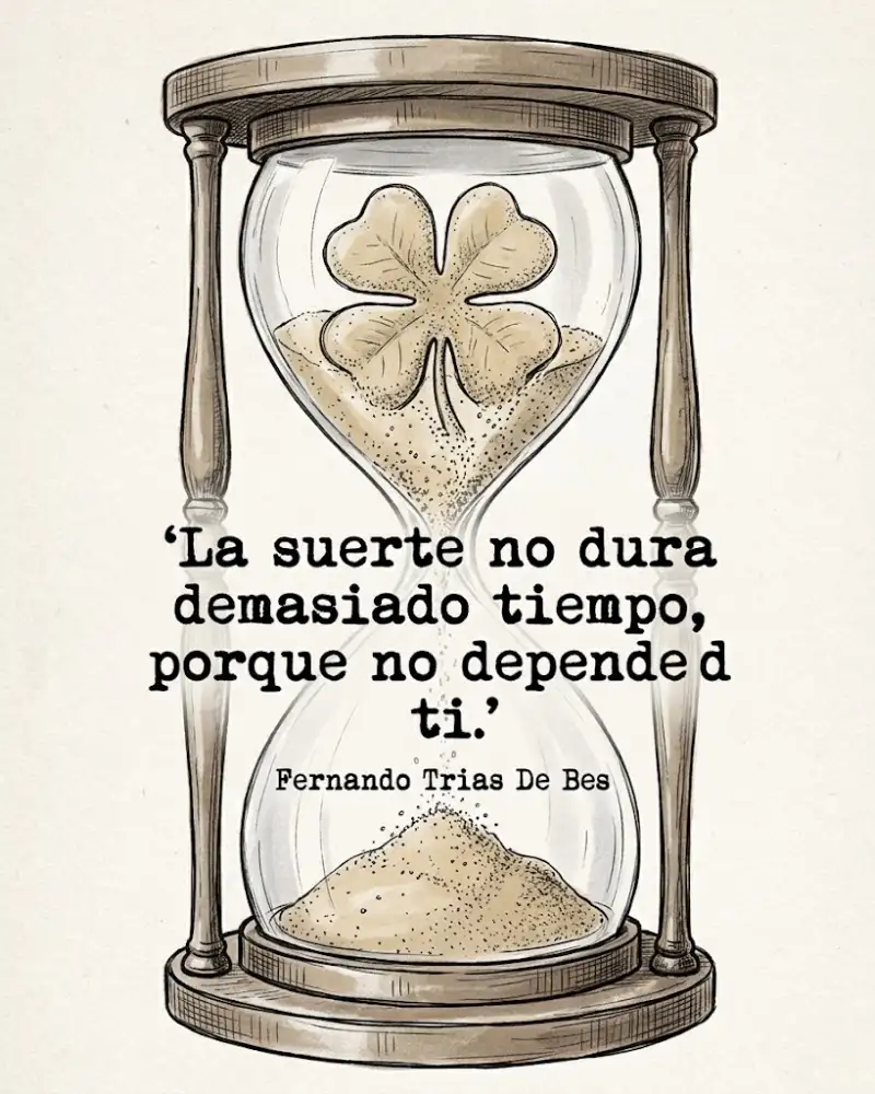 La suerte no dura demasiado tiempo porque no depende de ti, de Fernando Trías de Bes, con un trébol en un reloj de arena