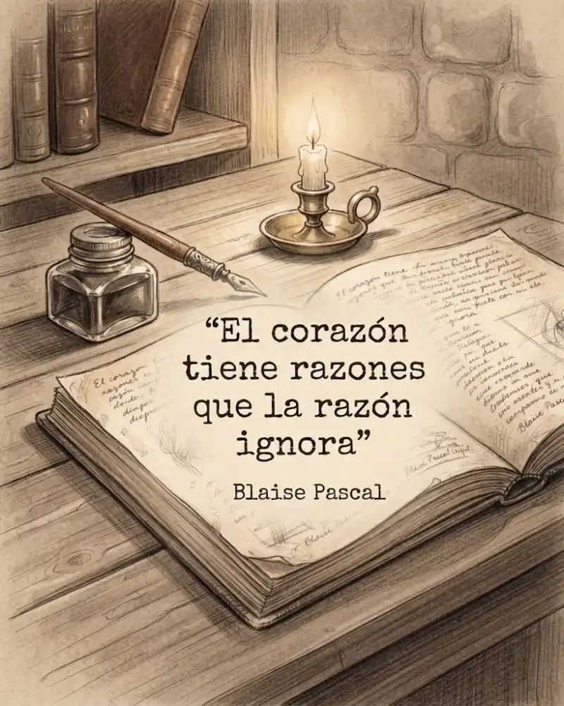 Pascal: el corazón tiene razones que la razón ignora, sobre un libro abierto con tintero, pluma y vela