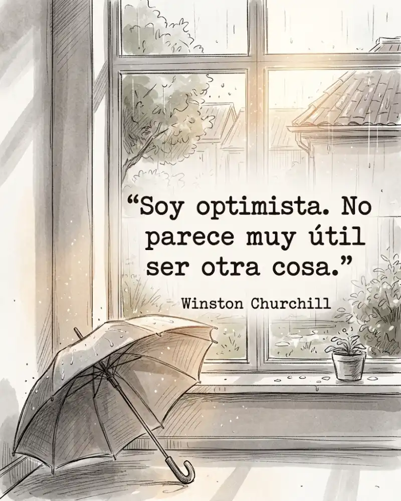 Winston Churchill: soy optimista, no parece muy útil ser otra cosa, con un paraguas junto a una ventana con lluvia