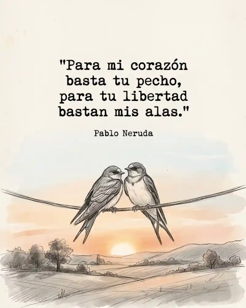 Dos golondrinas juntas en un cable al atardecer con el verso de Neruda Para mi corazón basta tu pecho