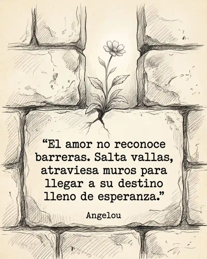 Flor entre las grietas de un muro de piedra con la frase El amor no reconoce barreras, que se atribuye a Maya Angelou
