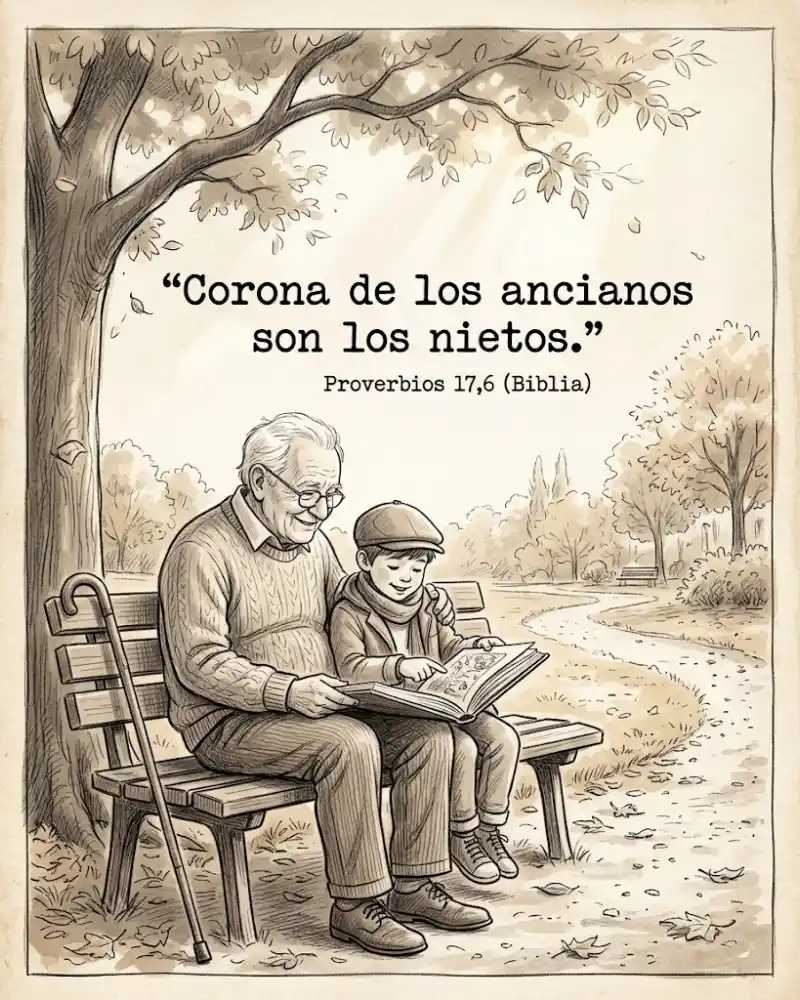 Abuelo leyendo un libro con su nieto en un banco del parque: Corona de los ancianos son los nietos, Proverbios 17,6