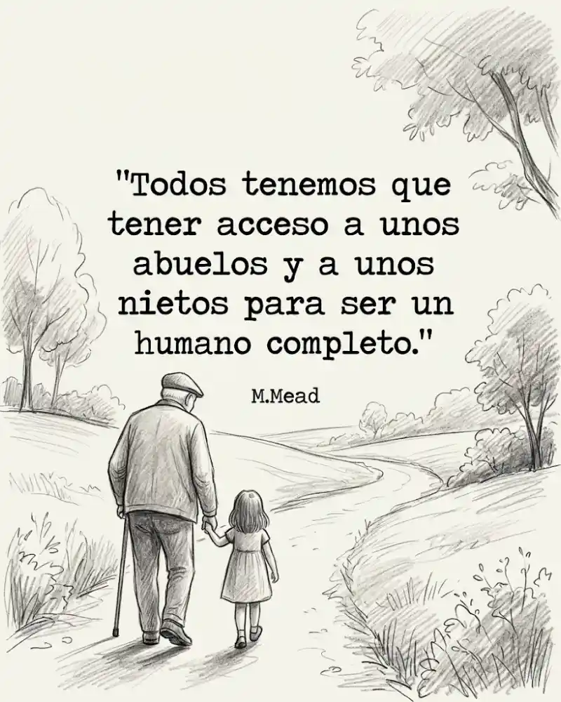 Abuelo y nieta de la mano por un camino, con la frase de Margaret Mead sobre tener abuelos y nietos para ser humano completo