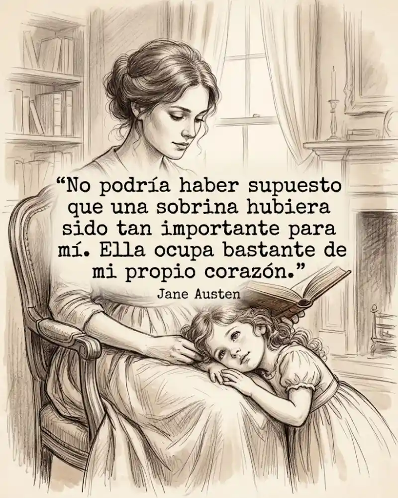Mujer en un sillón con su sobrina apoyada en el regazo y la frase de Jane Austen sobre lo importante que es una sobrina