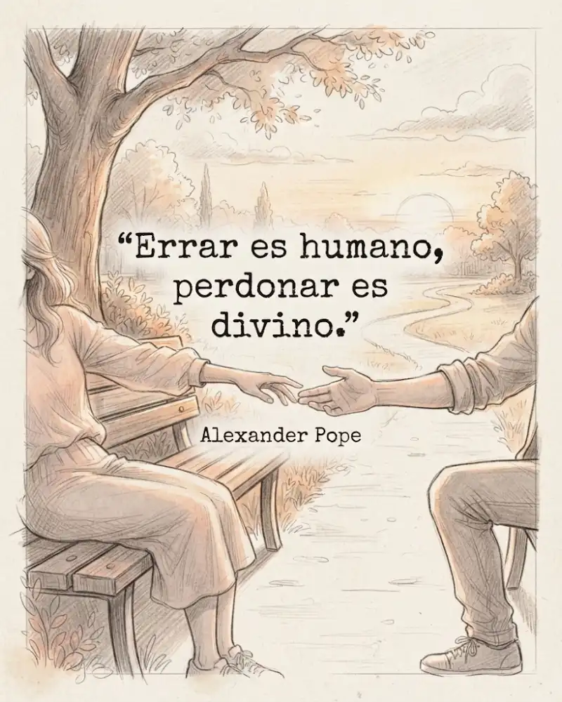 Dibujo de dos personas en un banco del parque al atardecer tendiéndose la mano, con la frase de Alexander Pope: errar es humano, perdonar es divino.