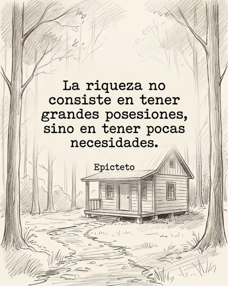 La riqueza no consiste en tener grandes posesiones, sino pocas necesidades, de Epicteto, con una cabaña en el bosque