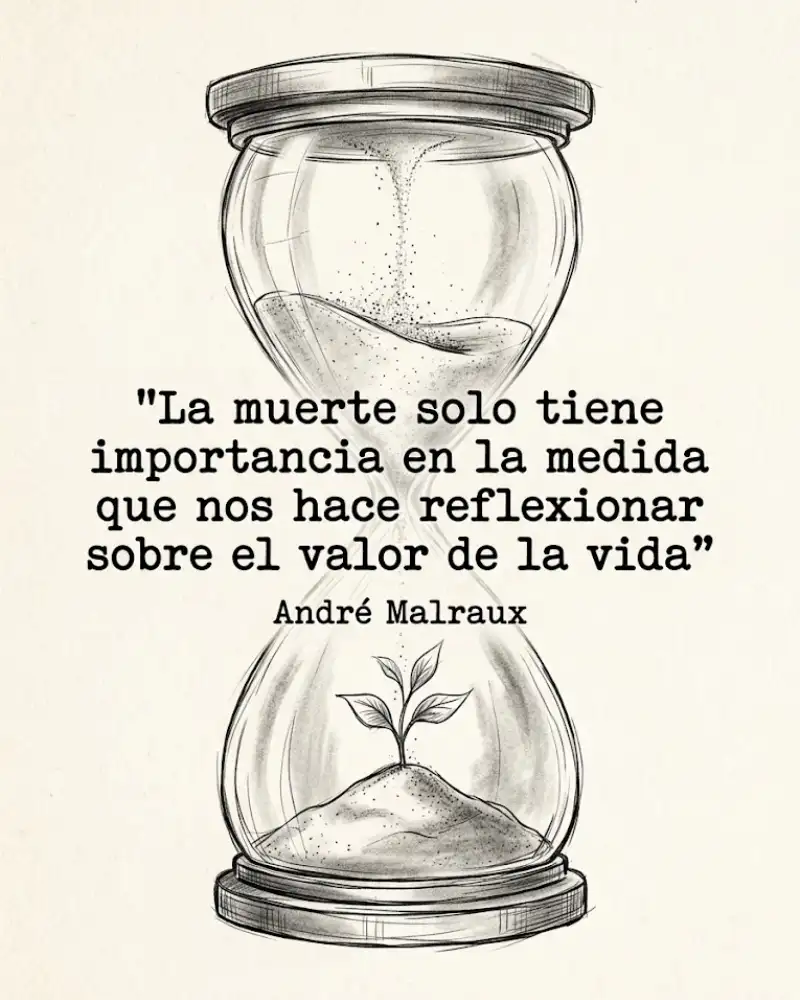 La muerte importa si nos hace pensar en el valor de la vida, de André Malraux, con un reloj de arena