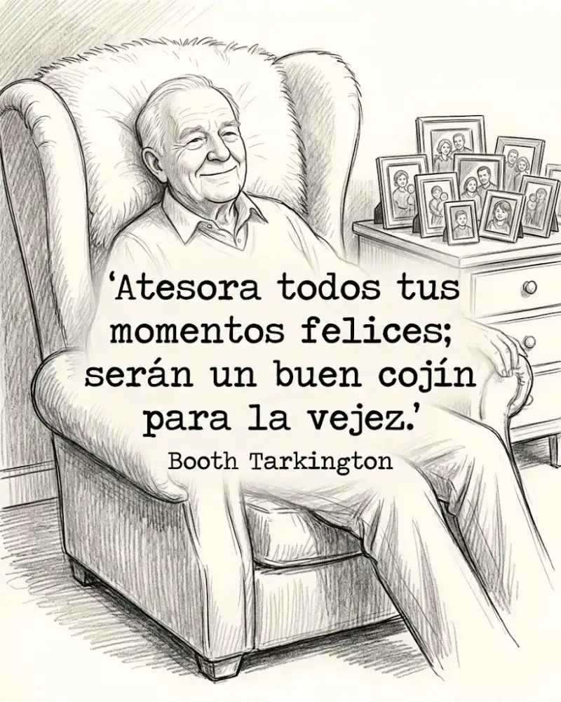Atesora tus momentos felices, serán un buen cojín para la vejez, de Booth Tarkington, con un anciano en su sillón