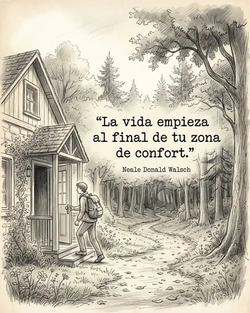 Dibujo a lápiz de un joven con mochila que sale de su casa hacia un sendero del bosque, con la frase de Neale Donald Walsch: «La vida empieza al final de tu zona de confort»