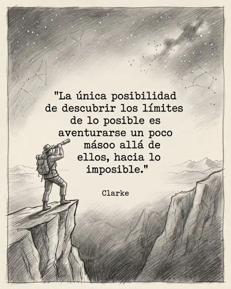 Dibujo a lápiz de un explorador con catalejo al borde de un acantilado bajo un cielo estrellado, con la frase de Arthur C. Clarke sobre aventurarse más allá de los límites de lo posible